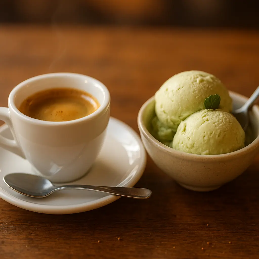 Espresso und Gelato-Pairing auf Holztisch