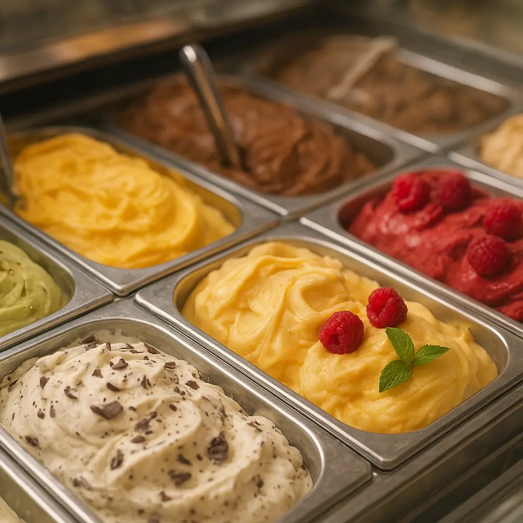 Auswahl an artisanal Gelato in der Vitrine